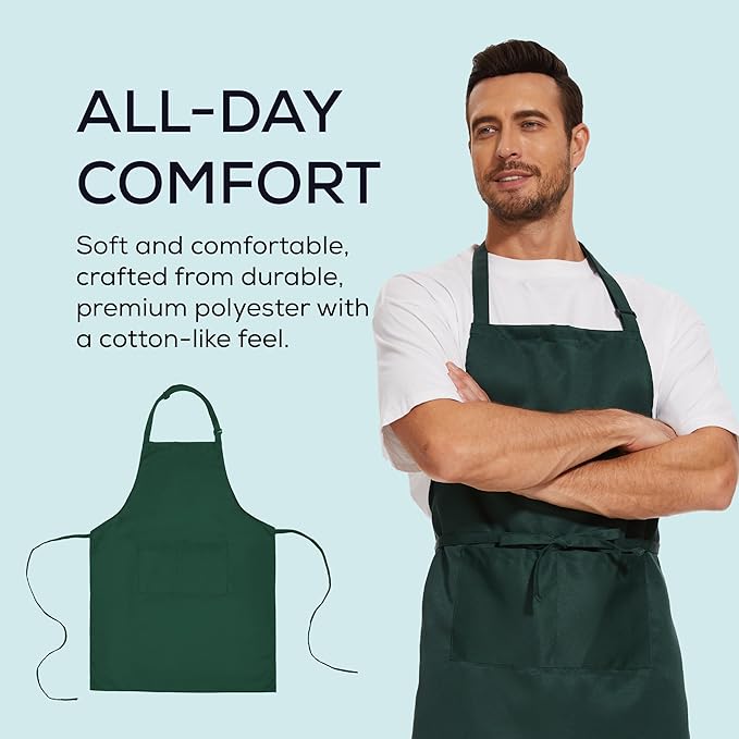 Will Well Kitchen Apron for Men and Women - 33" x 27" Oil-and-Water-Resistant with Adjustable Neck Strap and 38" Waist Ties for a Snug Fit, Lightweight with 2 Front Pockets - 2-Pack, Green
