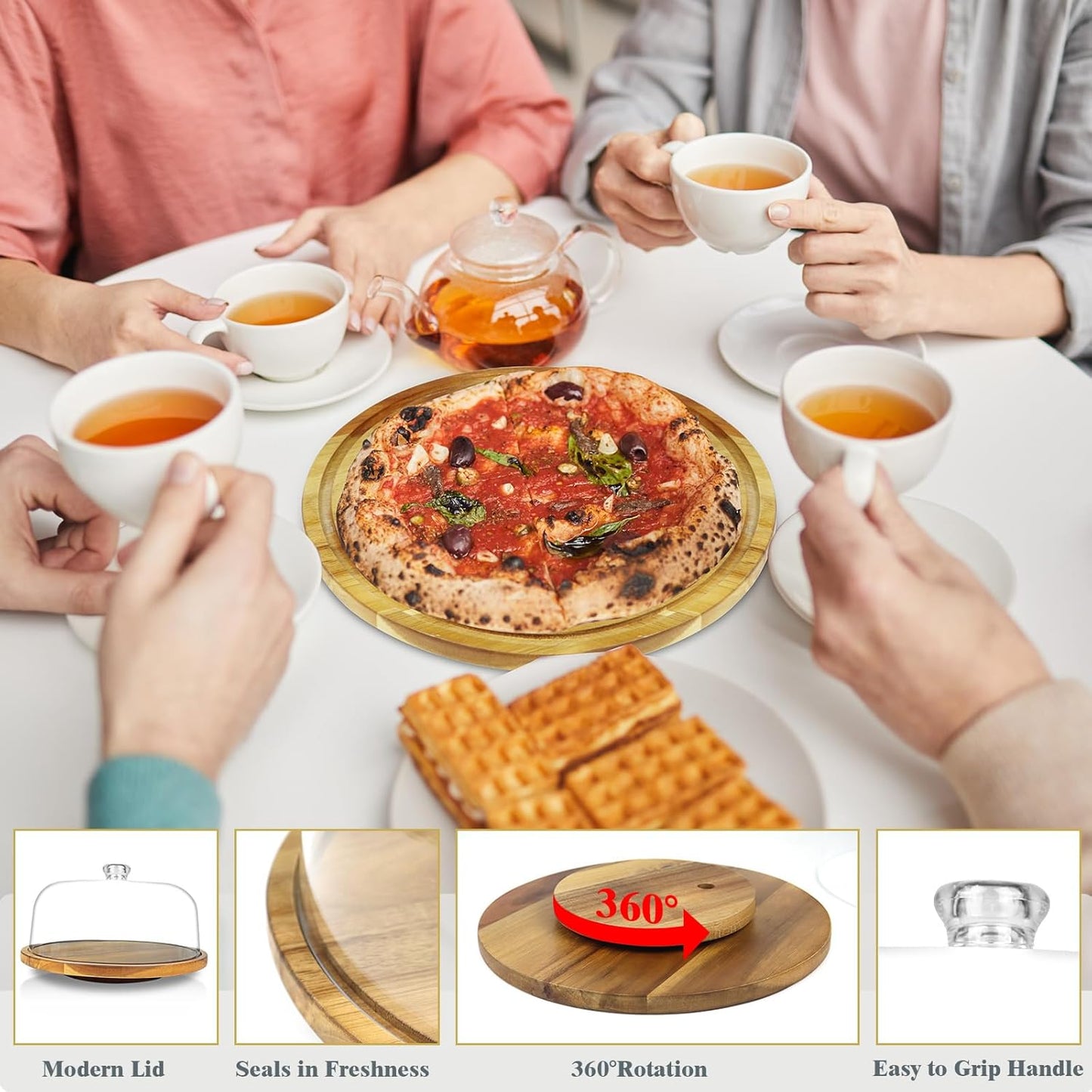 cutesun Wood Cake Stand with Lid, 12in Acacia Wood Cake Plate with Cover, Wooden Cake Display Stand with Acrylic Dome, Cake Holder Tray for Wedding Gift,Kitchen,Birthday,Parties,Baking Gifts