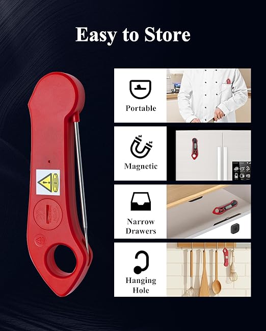 Wisebee 2-in-1 Meat Thermometer, Digital Instant Read Food Kitchen Thermometer with Dual Probes | Waterproof | Alarm Set | Calibration | Backlit | Hold Function for Cooking (Red)
