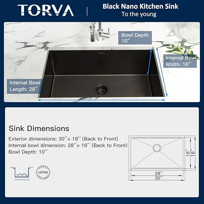 TORVA 30 x 18 Inch Black Ceramic Coating with NanoTek Undermount Kitchen Sink, PVD Coated Gunmetal Sink,16 Gauge Stainless Steel Wet Bar or Prep Sinks Single Bowl,Dark Grey