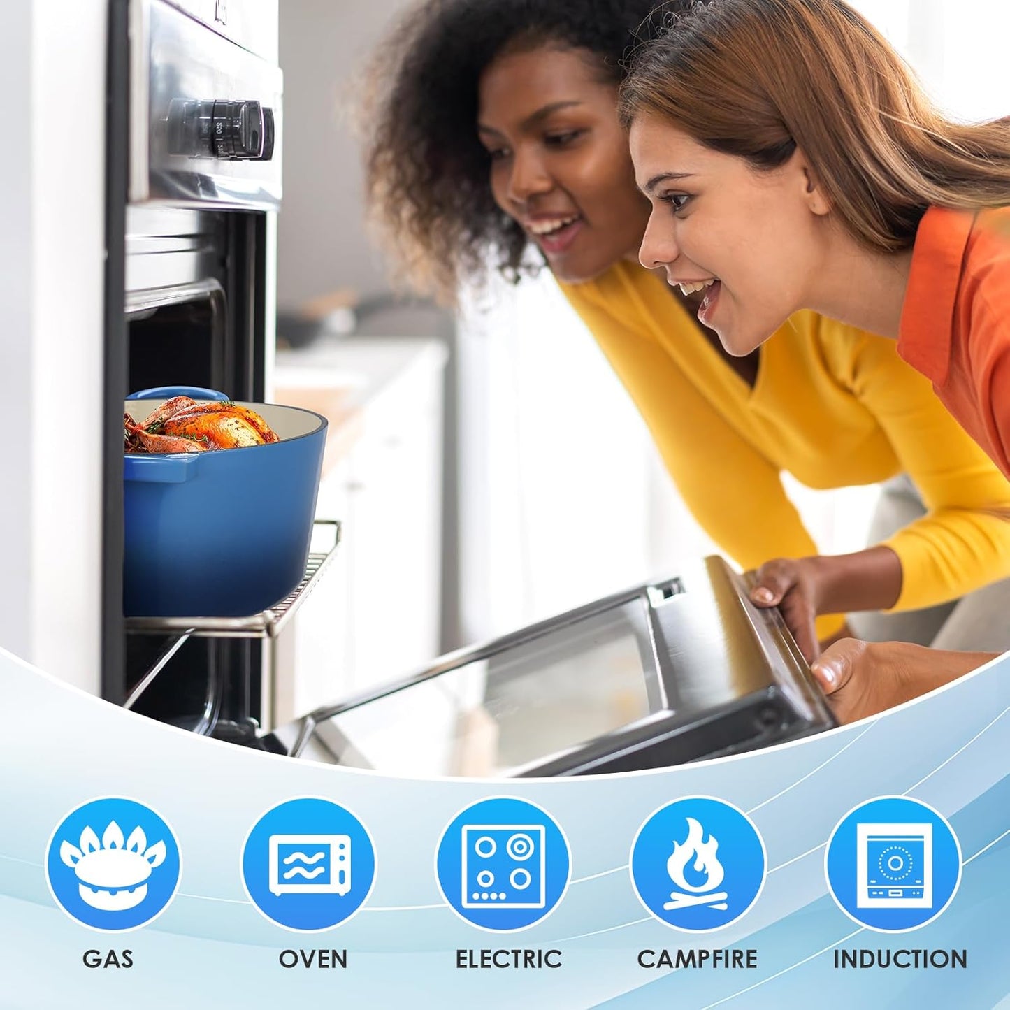 LIFERUN 6 Qt Enameled Cast Iron Dutch Oven Pot with Lid,Oven Safe up to 500° F, Non-Stick Dutch Oven with Dual Handles for Bread Baking, Fry Foods, Braising, Stews, Roasting (Blue)