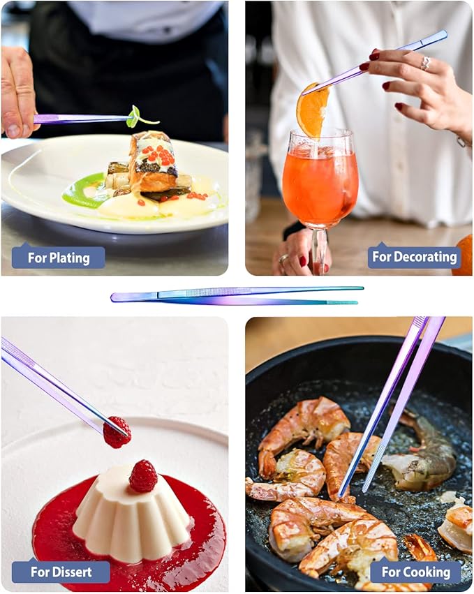 4 Pcs Fine Long Tweezer Tongs Professional Rainbow, 12'' and 10'' Stainless Steel for Kitchen, Food, Cooking, Repairing, Sea food and BBQ