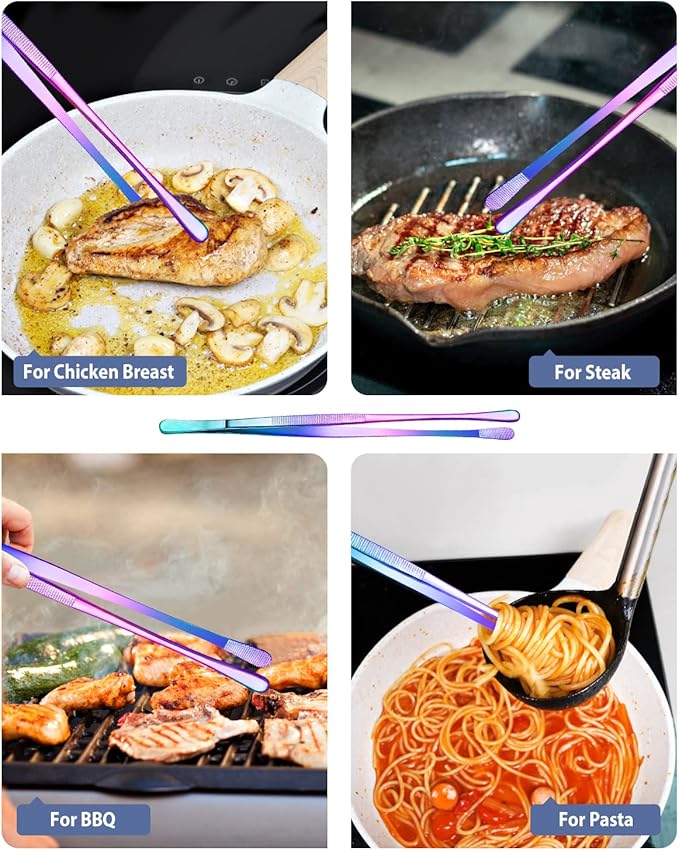 4 Pcs Fine Long Tweezer Tongs Professional Rainbow, 12'' and 10'' Stainless Steel for Kitchen, Food, Cooking, Repairing, Sea food and BBQ