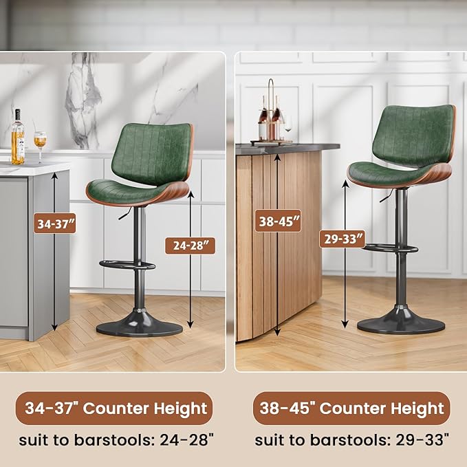 Swivel Bar Stools Set of 4, Adjustable Bentwood Barstools for Kitchen Counter, Modern PU Leather Upholstered Bar Chair with Back and Footrest, for Kitchen Island, Bar, Dining Room, Green