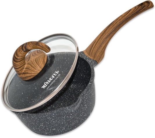 Nonstick Saucepan with Lid, 1.8 Quart Classic Black Granite Coated Pasta Soup Pot for All Stovetops, 7 Inch Small Sauce Pan for Cooking Sauce Soup and Milk