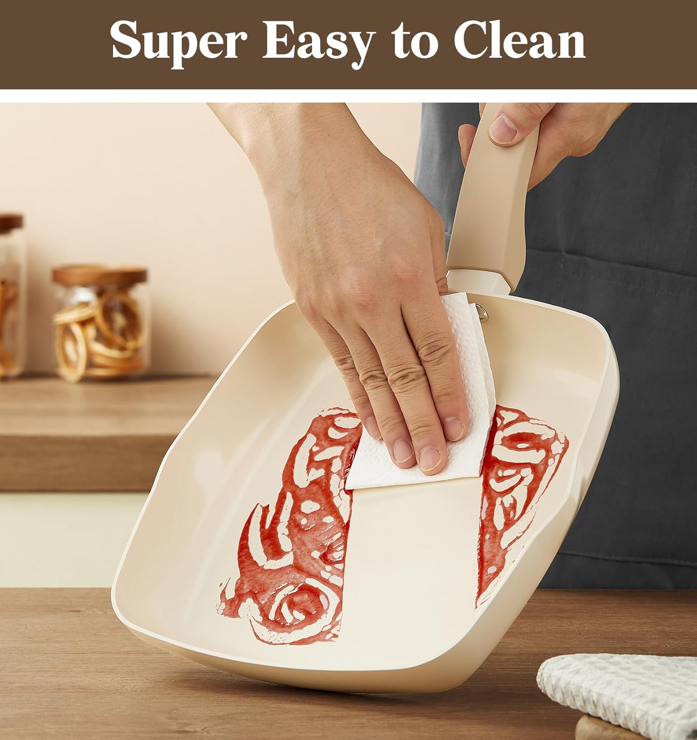 KOCH SYSTEME CS Nonstick Grill Pan for Stove Tops, 11 Inch Square Frying Pan with Lid, Ultimate Ceramic Coating Grill Skillet with Bakelite Handle, Induction Griddle Pan, PFOA Free, Cream White