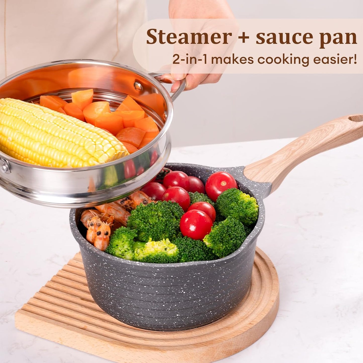 JEETEE 2.5 Quart Saucepan with Steamer Basket, Small Sauce Pot with Lid,Nonstick Coating with Pour Spout, Induction Compatible Cookware Sauce Pan for Cooking, PFOA/PFOS Free
