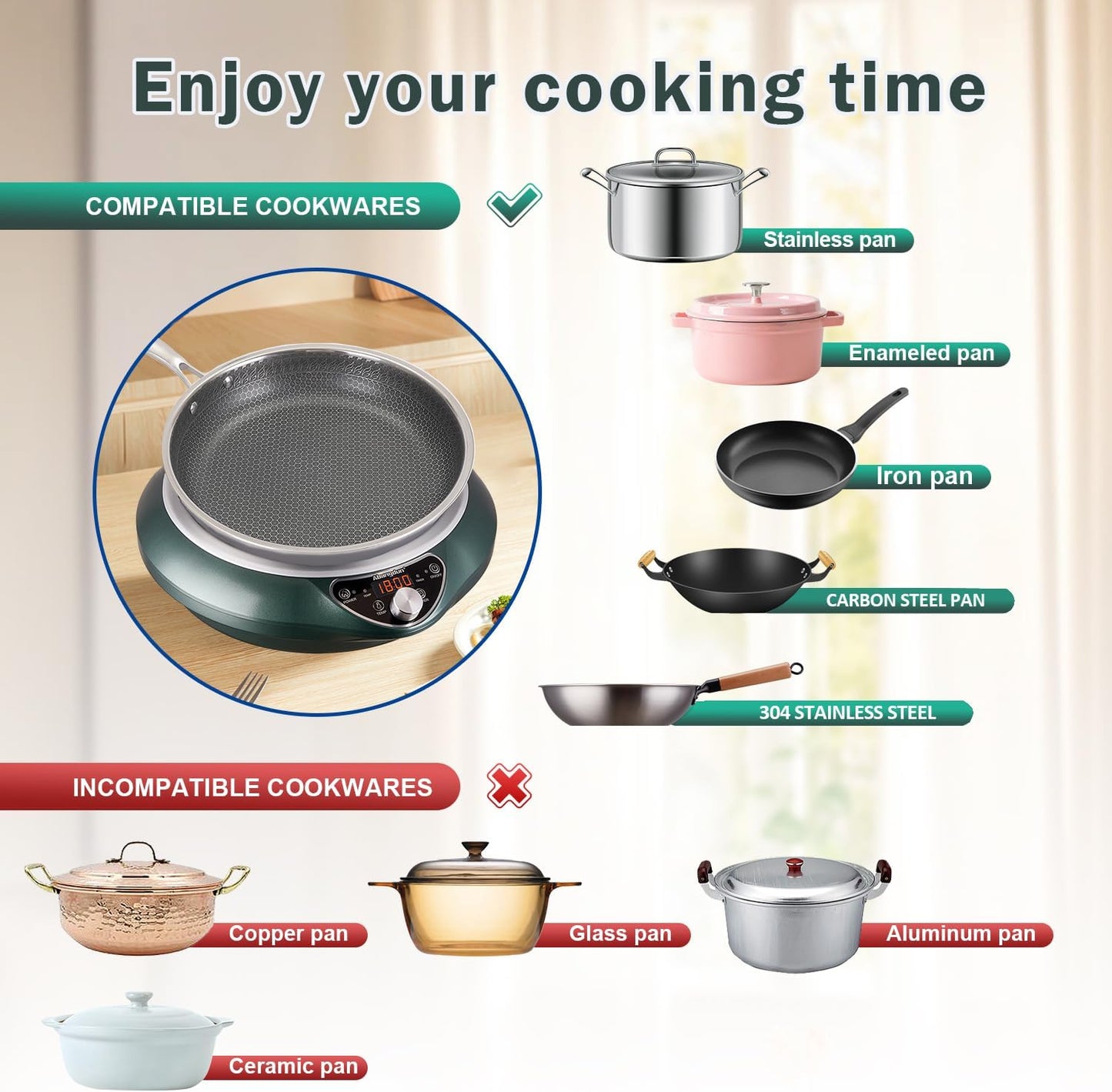 Induction Cooktop with Skillets1800W 120V Burner Cooker Nonstick Flat Pan Electric Stove Hot Plate Heat Evenly Fry Pan for Steak