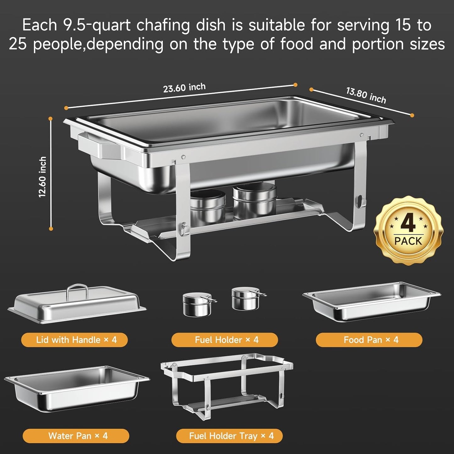 Chafing Dishes for Buffet 4 Pack, 9QT Chafing Dish High Grade Stainless Steel Chafer Complete Set,Steel Handle, Catering Events Complete Buffet Warmer Set (Silver, 2)