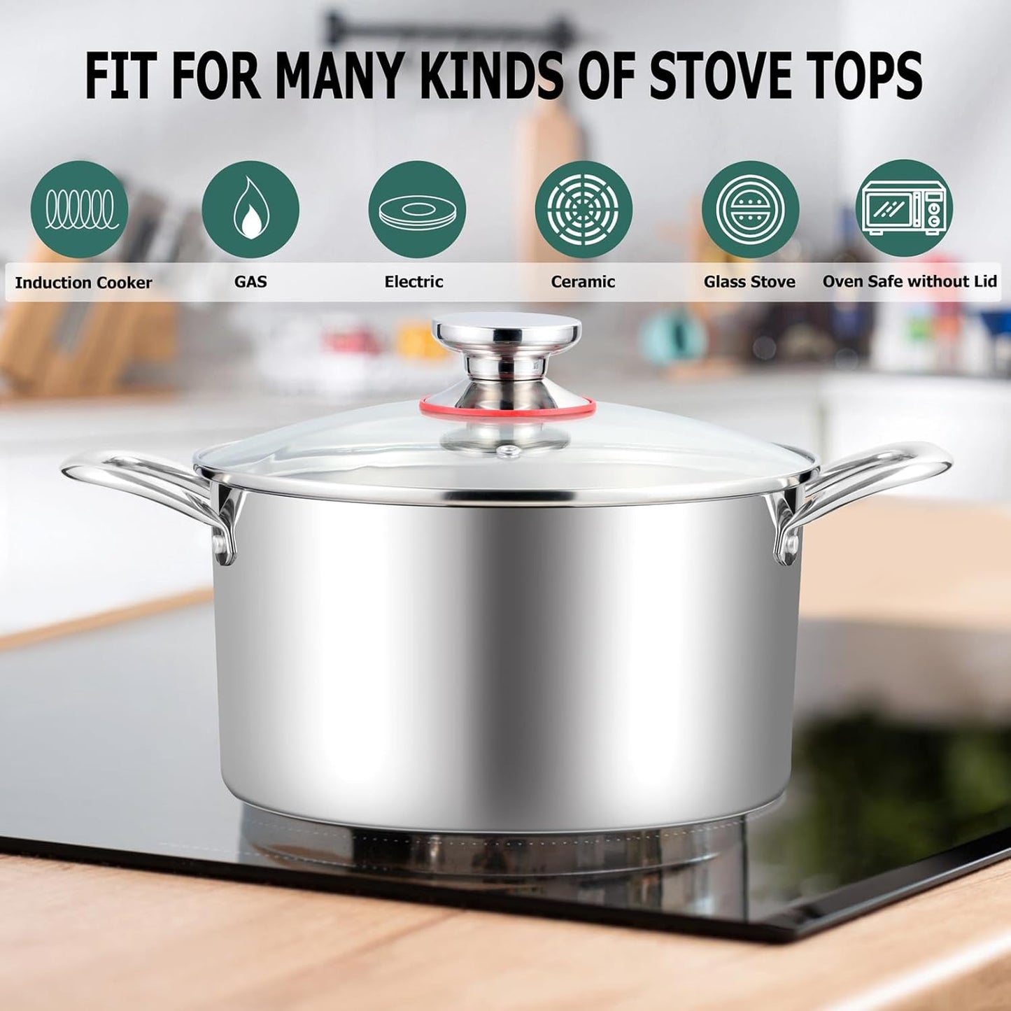 TeamFar 8 Quart Stock Pot, Stainless Steel Tri-ply Stockpot Pasta Cooking Pot with Glass Lid, for Induction Electric Gas Ceramic Stoves, Toxic Free & Heavy Duty, Double Handles & Dishwasher Safe