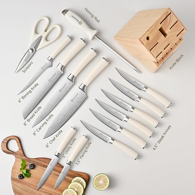 Sunnecko Knife Set with Block and Sharpener, 15 Piece Kitchen Knife Block Set Sharp Kitchen Knives High Carbon Stainless Steel with White Handles