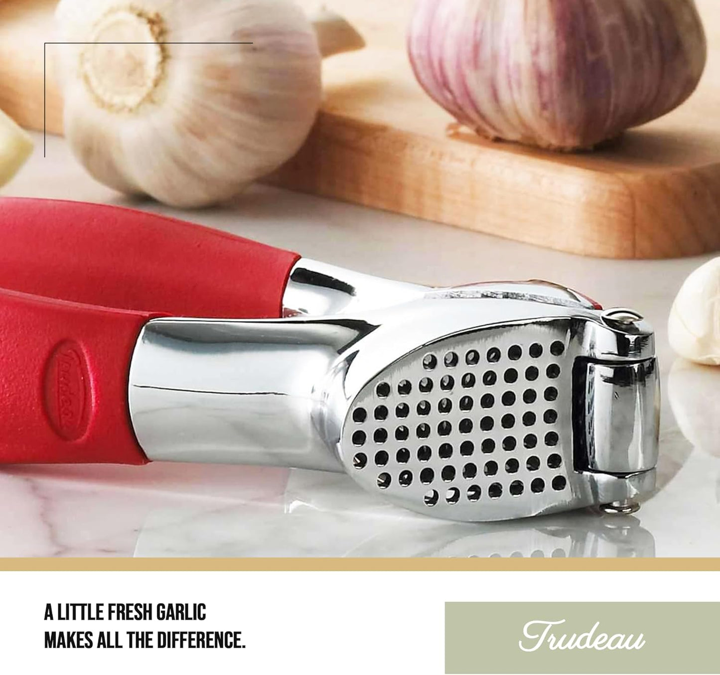 Trudeau Garlic Press - Effortless Garlic Crusher with Built-In Cleaning Aid, Large Garlic Chamber, Comfortable Ergonomic Handle, BPA-Free & Dishwasher-Safe - Quick and Easy Meal Preparation