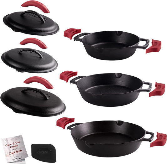 Cast Iron Skillet + Cast Iron Lid Set - 8"+10"+12" Dual Handle Frying Pans + Pan Scraper + Silicone Handle Holder Covers - Pre-Seasoned Indoor/Outdoor, Grill, Stovetop, Induction, Oven Safe Cookware