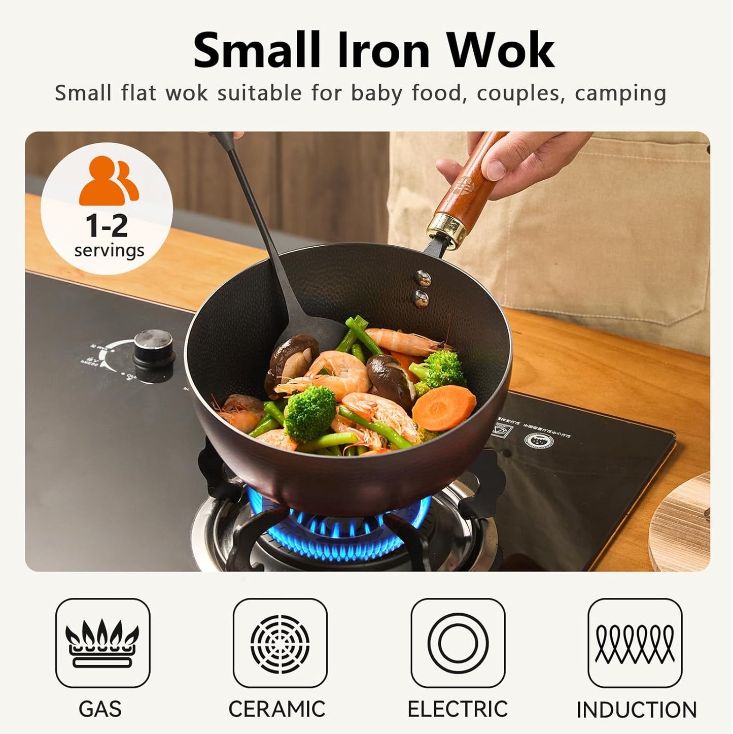 WANGYUANJI Iron Wok 8.7 Inch Deep Frying Skillet with Wooden Lid – Versatile Flat Bottom Stir-Fry Pan, Chemical-Free & Induction Compatible, Ideal Wrought Iron Small Wok for Home, Chef & Pro Use