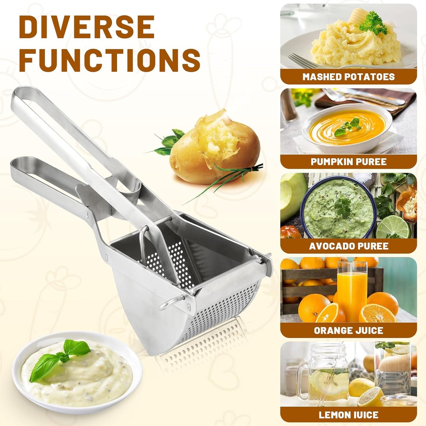 Potato Ricer, Heavy Duty Stainless Steel Professional Ricer for Mashed Potatoes and Ricer Kitchen Tool, Mash Potato Masher for Creamy Mashed Potatoes (Silver)