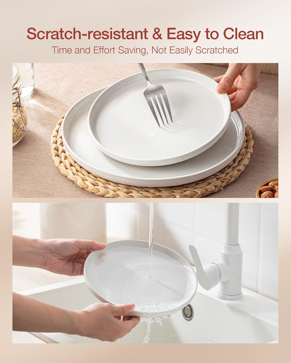 Famiware Milkyway Plates and Bowls Sets, 12 Pieces Stoneware Dinnerware Sets, Dishes Set for 4, White & Cinnamon Brown