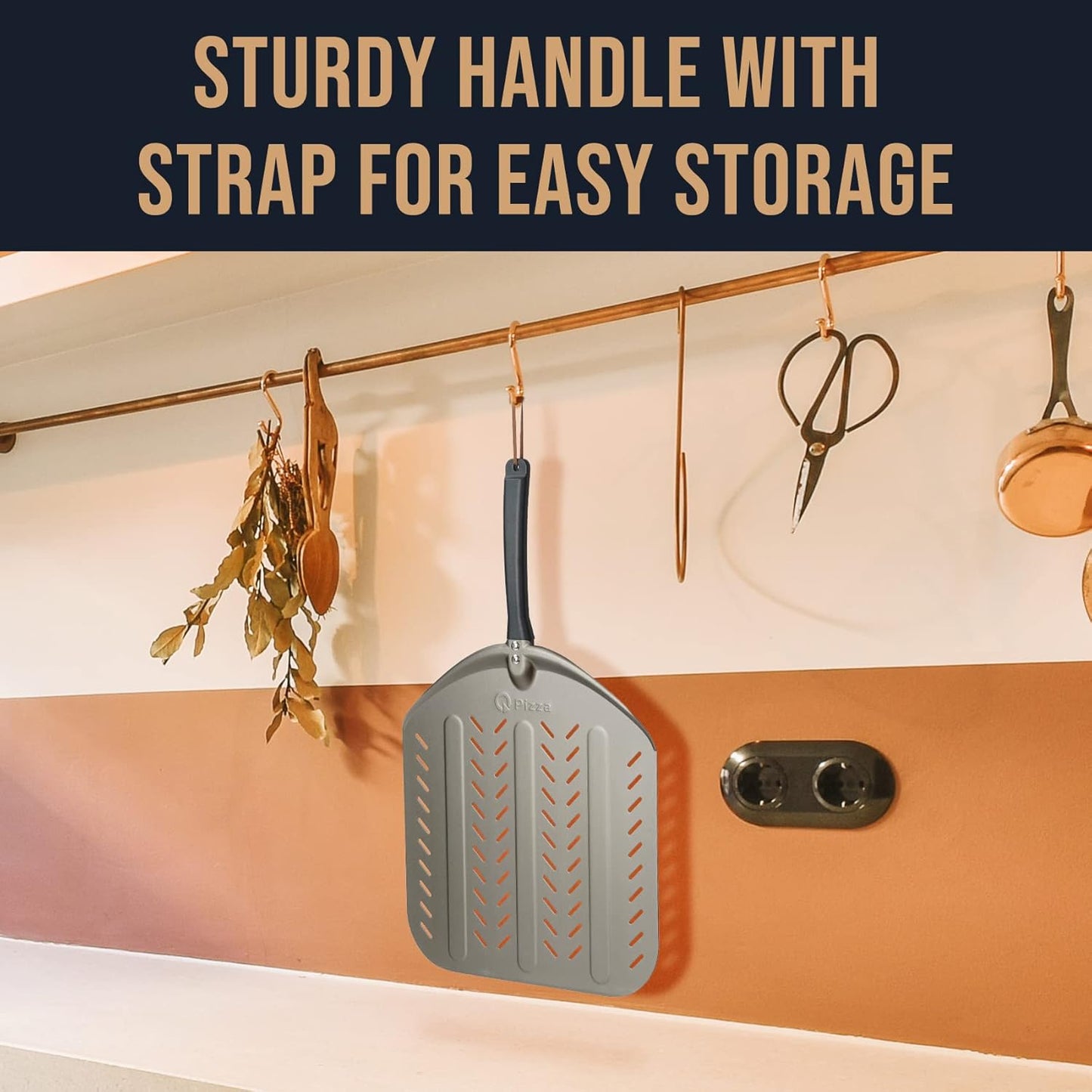 Q Pizza Perforated Pizza Peel 14", Non-stick Pizza Turning Paddle Pizza Oven Accessory, Extra Large Metal Pizza Spatula for Grill Oven Baking Bread Pastry Dough Pie Cake, Aluminium PT204