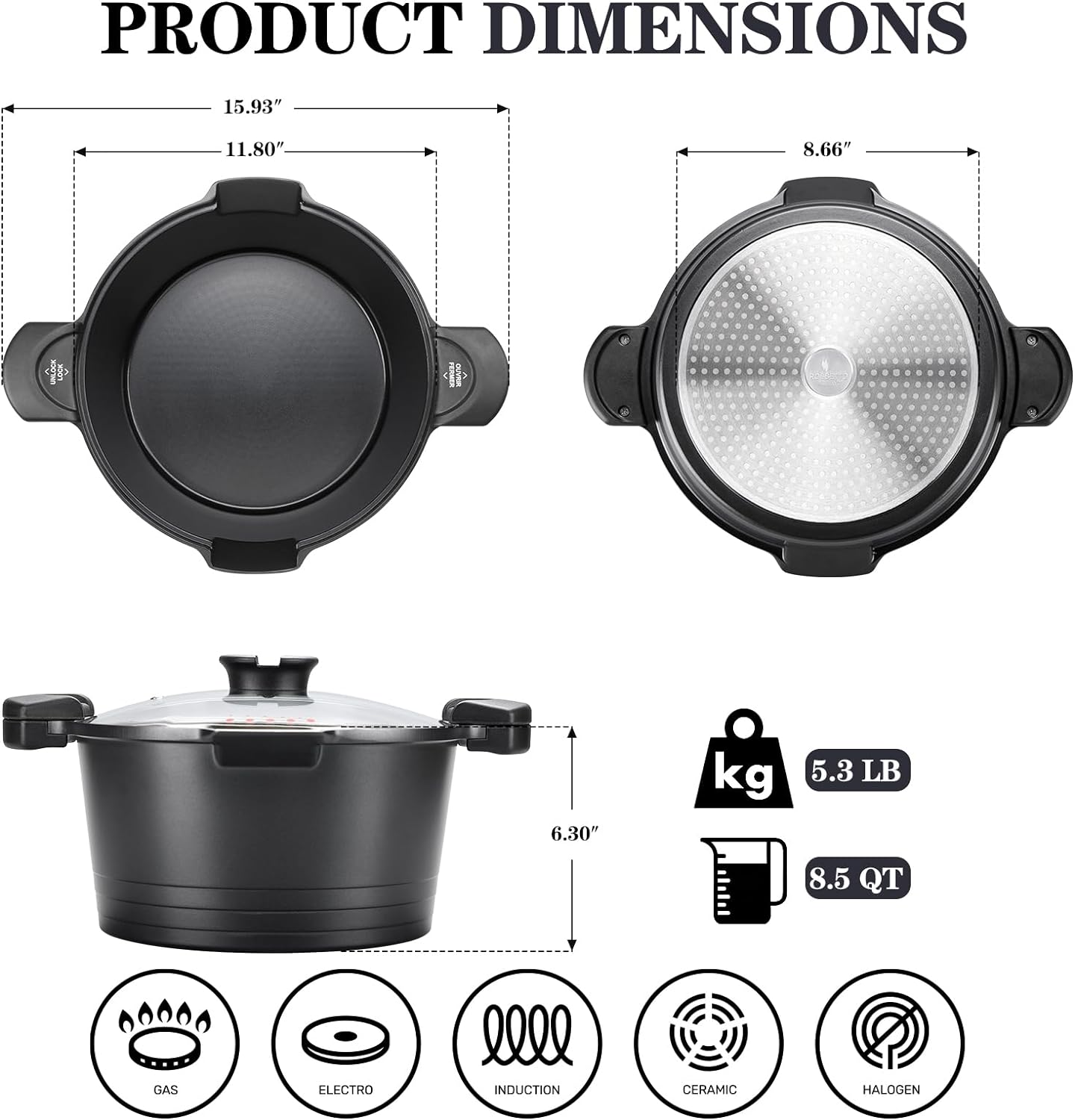 8.5qt Pasta Pot with Strainer Lid, Cast Aluminum Stockpot Multipot, Nonstick Ceramic Coating make Cleanup easy with Tempered Glass Lid, Dishwasher Safe, Induction, Black (Black, 8.5 Quarts)