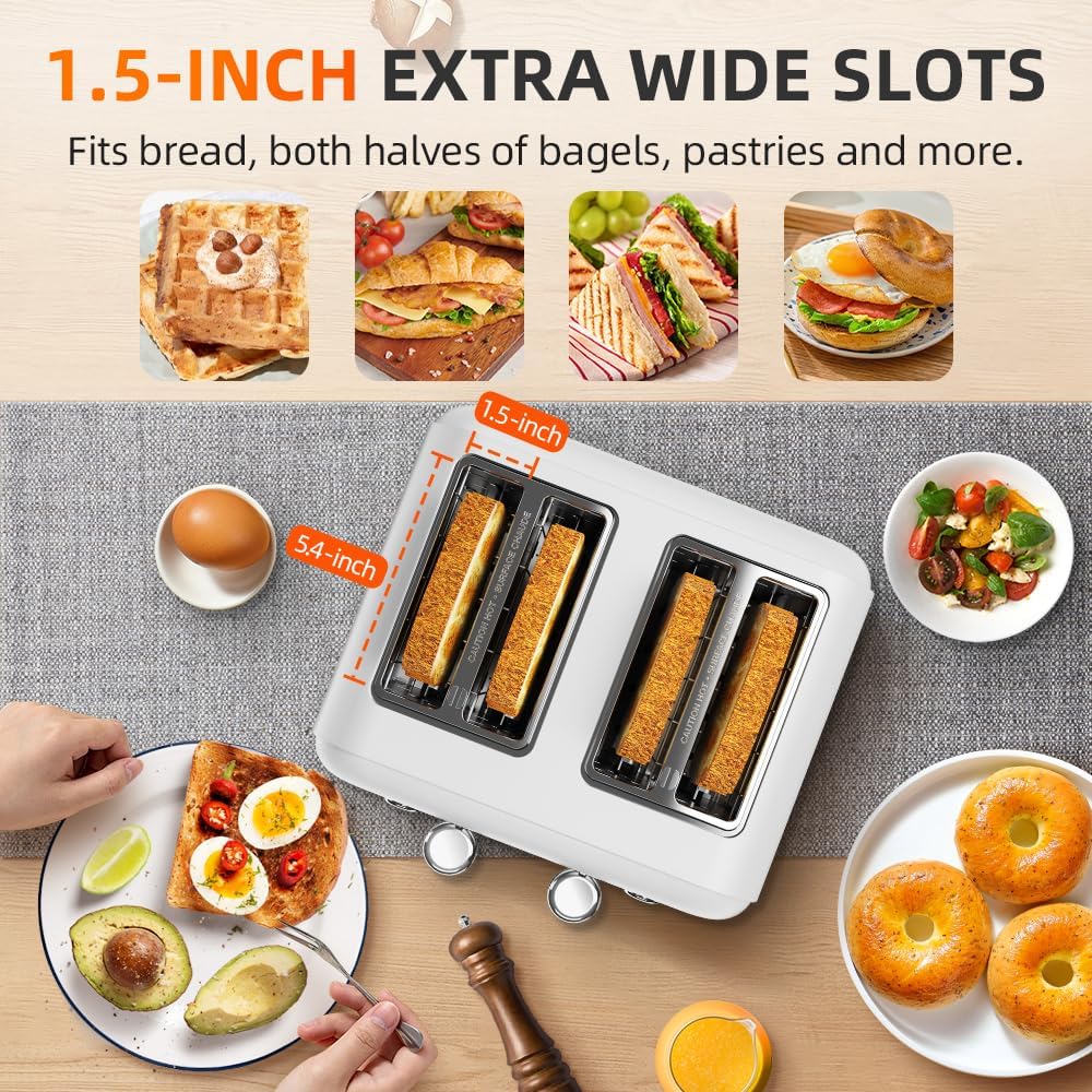 White Toaster 4 Slice, Dual Independent Controls, Extra Wide Slot Toasters for Bagel, Bread, Waffles, 7 Shade Settings, 4 Main Functions, Removable Crumb Tray, 1500 Watts, White Stainless Steel