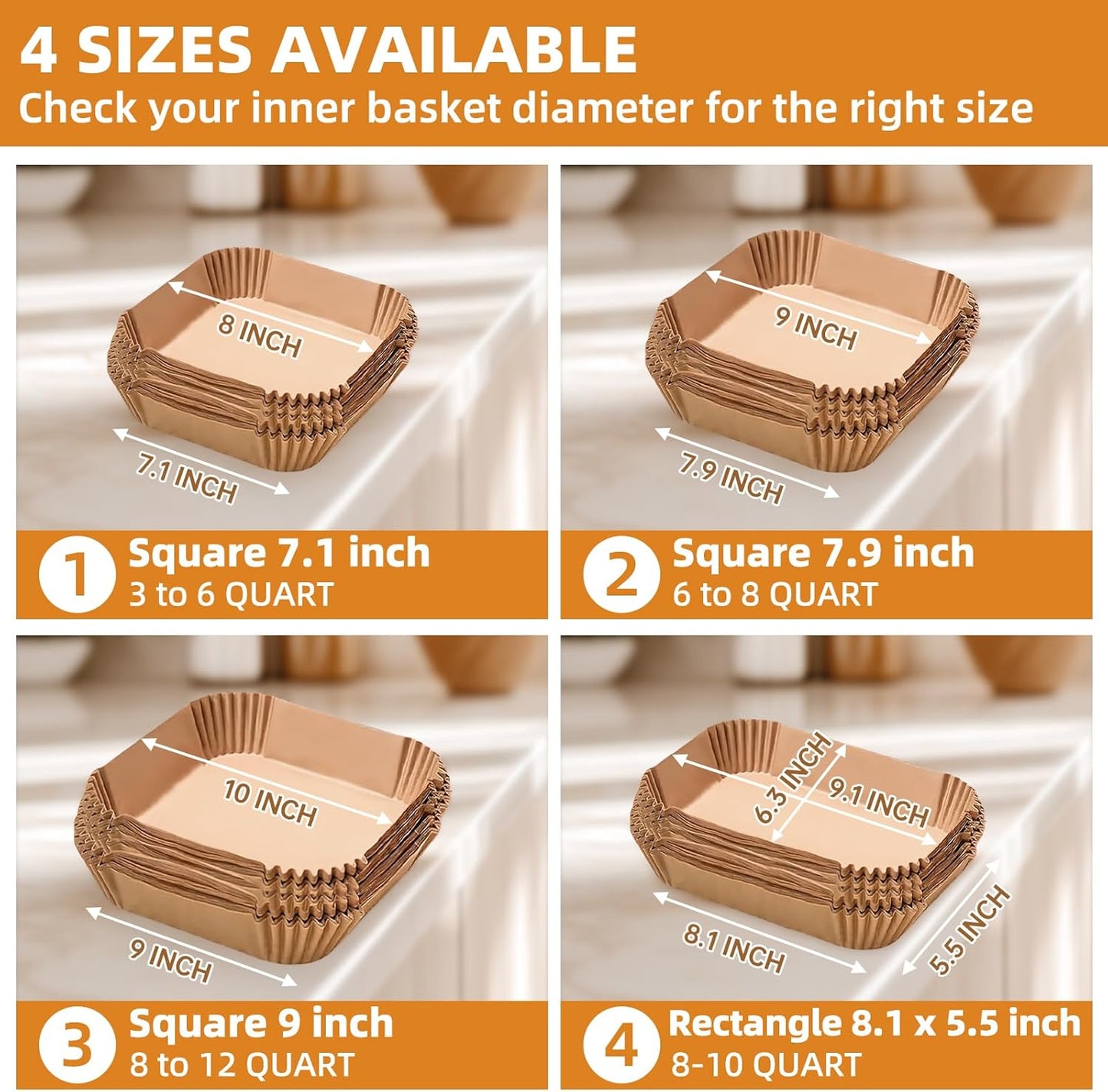 Air Fryer Paper Liners for 6-8 Qt Airfryer, 200pcs 7.9 x 7.9 inch XL Square Disposable Parchment Tray