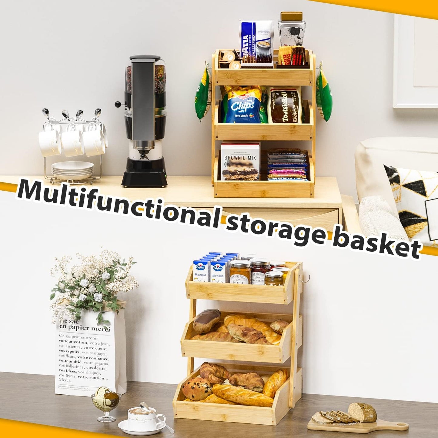 Bamboo Fruit Basket for Kitchen – 3 Tier Fruit Bowl For Kitchen Counter, Large Fruit Holder With 2 Banana Hangers, Idea For Fruit and Vegetable Storage, Bread Basket, Snack Organizer(Bamboo)