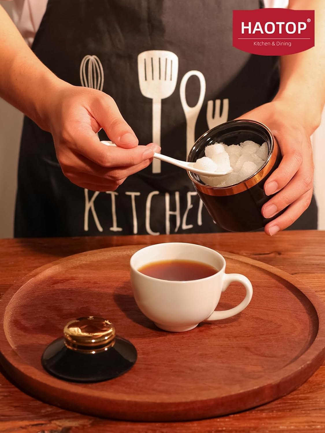 HAOTOP 8 oz Sugar Bowl with Lid and Spoon, Simple Ceramic Sugar Jar Sugar Dispenser Sugar Container Coffee Bar Accessories, Modern Kitchen Countertop Canisters, Black