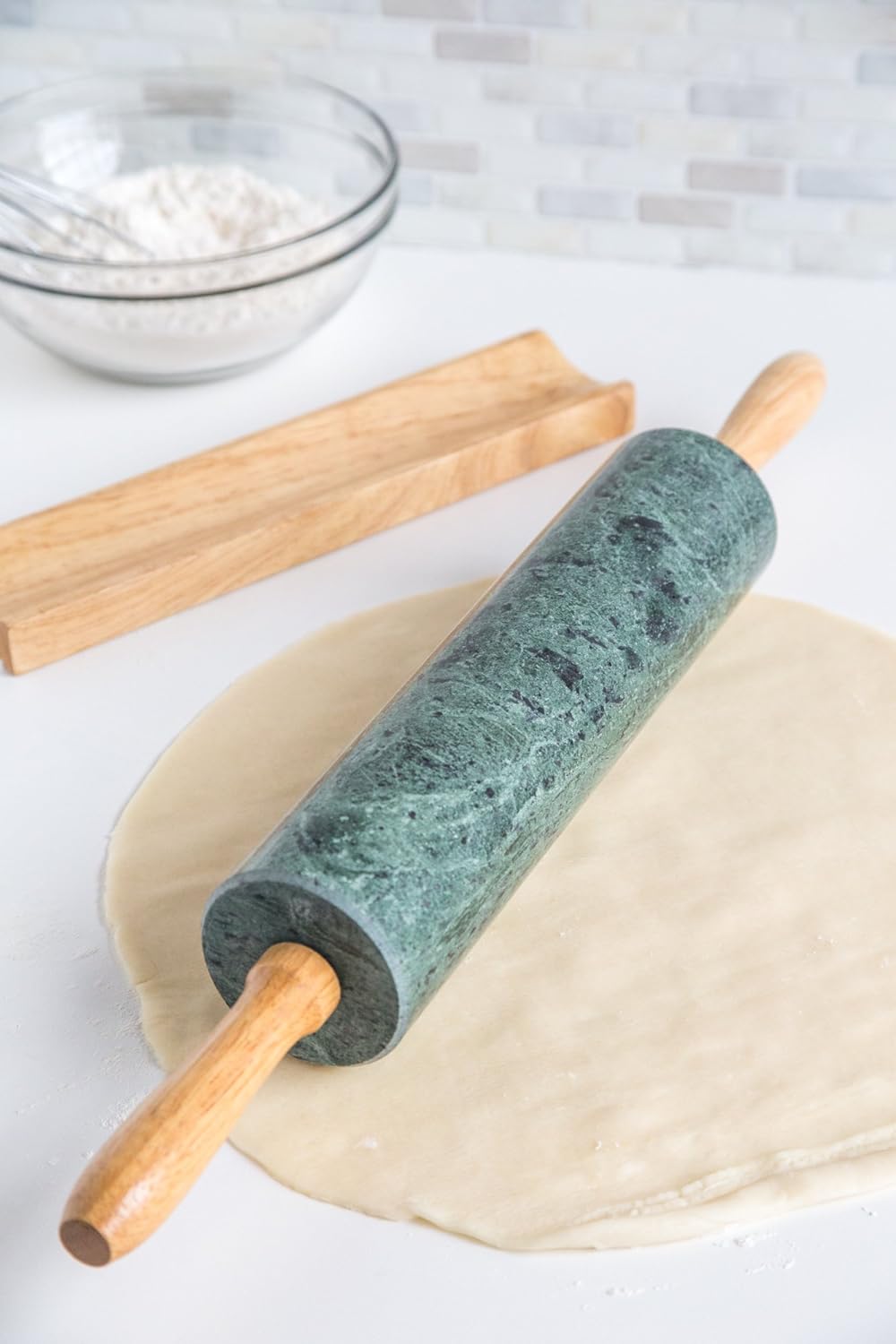 Fox Run Marble Rolling Pin and Base, Green 2.5 x 18 x 3 inches