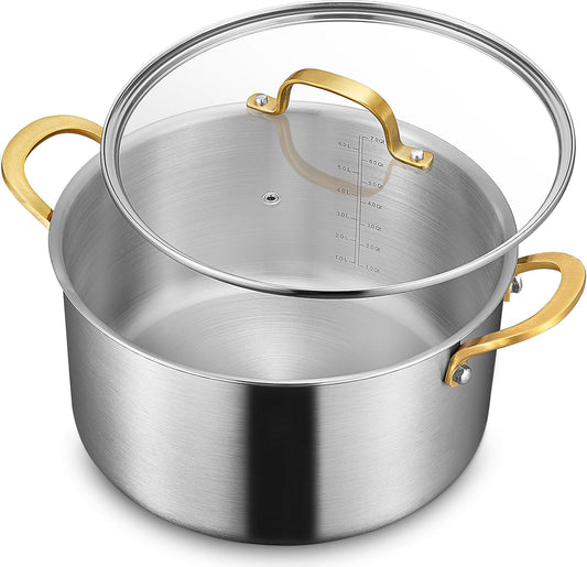 BEZIA 6 Quart Tri-Ply Stainless Steel Stockpot,Even Heat Distribution, Cooking Pot With Sturdy Handles, Oven-Safe Up to 500°F, Compatible with All Cooktops, Perfect for Soups & Stews, Silver