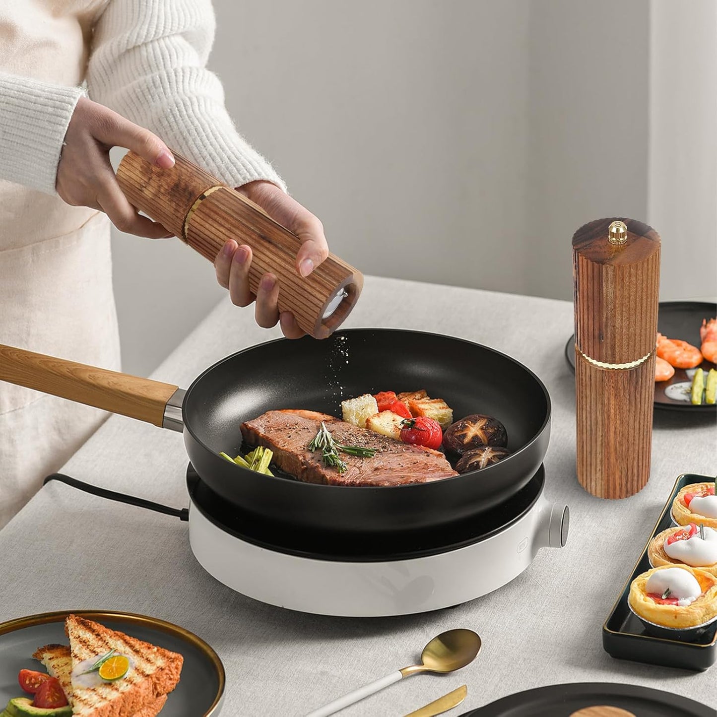 Wooden Salt and Pepper Grinder Set, Refillable Salt and Pepper grinder with adjustable Coarseness, Acacia Wood pepper mill manual, Salt and Pepper Shakers Matching Wooden tray-Ideal for Gifting