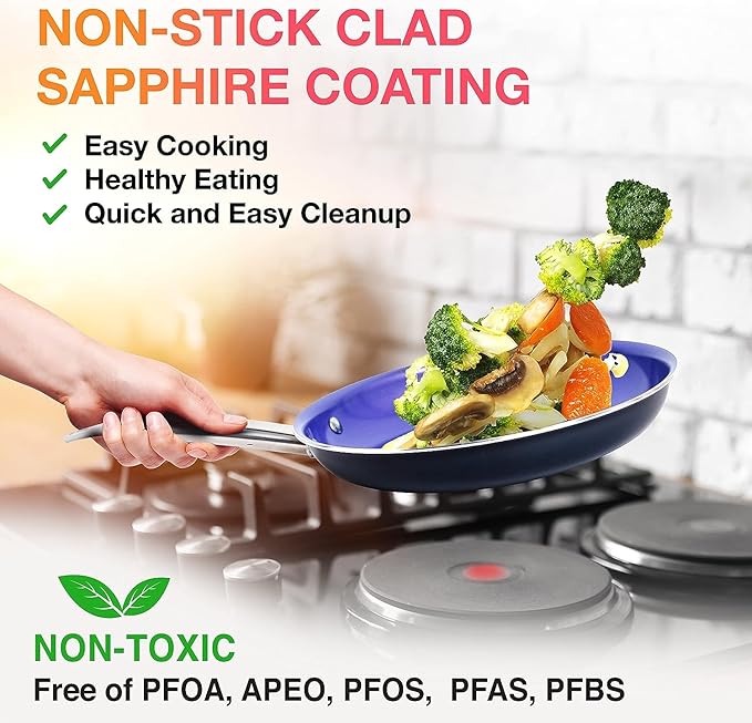 Mueller UltraClad Sapphire Pots and Pans Set Nonstick, 14 Piece Induction Cookware Sets, Aluminum Body, Includes Non Stick Deep Frying Pan, Sauce Pans for Cooking, Dutch Oven and More