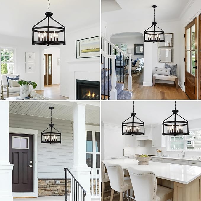 6-Light Black Farmhouse Chandelier for Dining Room,20" Modern Hanging Pendant Lighting for Kitchen Island,Rustic Semi Flush Mount Ceiling Light Fixture Drum Chandeliers for Foyer Kitchen Entryway
