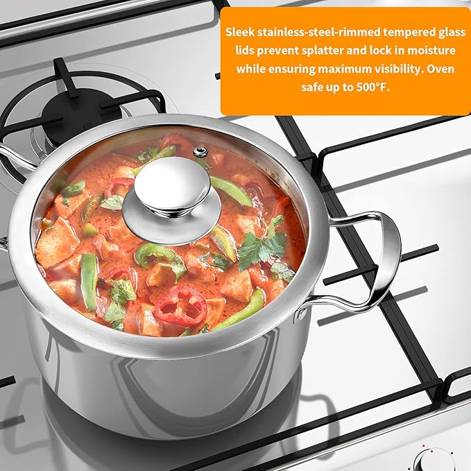 Stainless Steel Pots and Pans Set, 6 Piece Kitchen Induction Cookware Sets with Glass Lids, Works with Induction, Electric and Gas Cooktops, Non Toxic, Oven & Dishwasher Safe