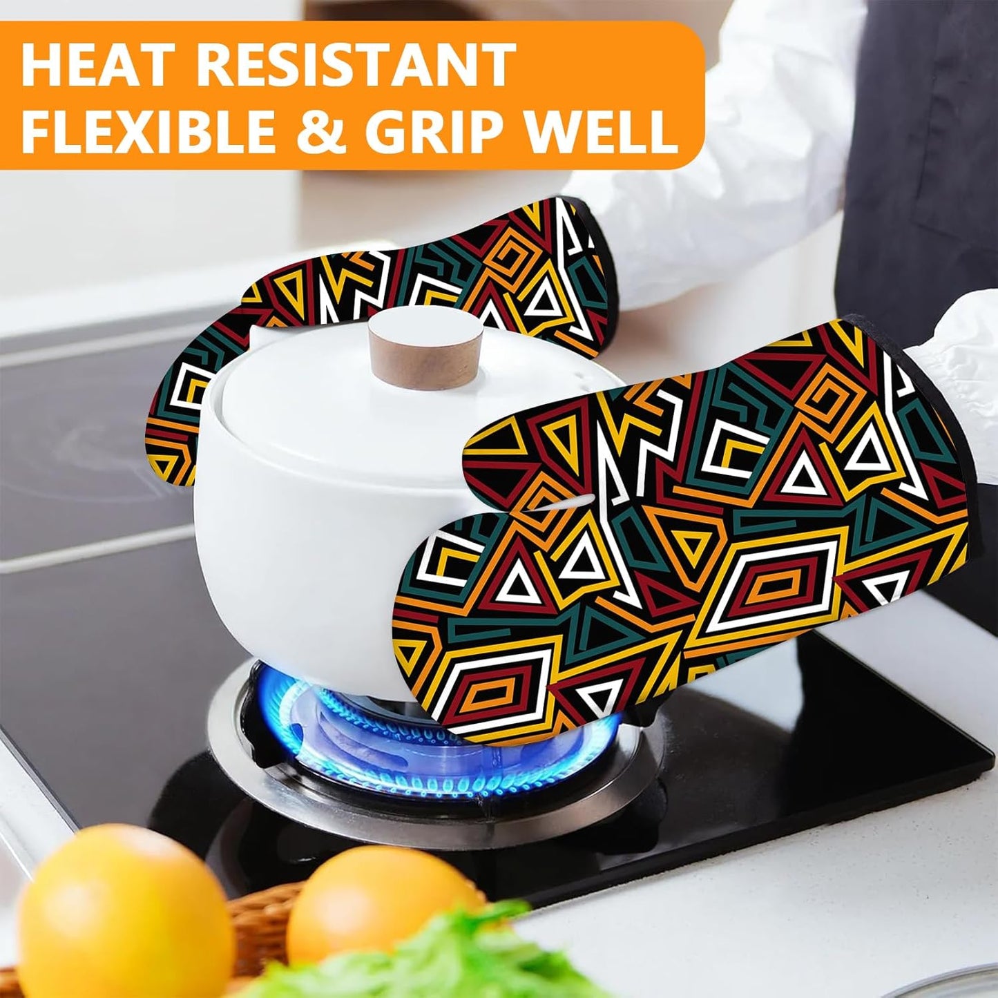 African Geometric Oven Mitts and Pot Holders Sets 4Pcs,Extra Long Oven Gloves Potholder for Kitchen Cooking Baking BBQ 100% Cotton Heat Resistant