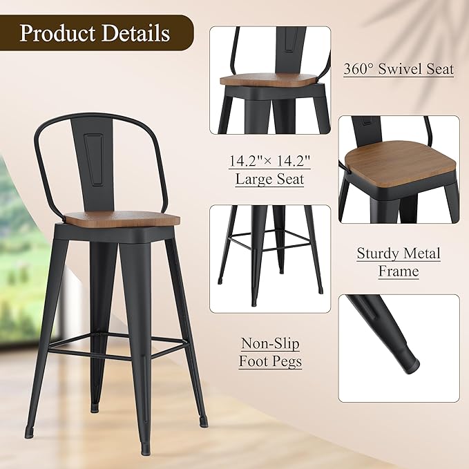 Aklaus Swivel Metal Bar Stools 24 inch Swivel Counter Height Barstools Set of 2 Modern Farmhouse Bar Chairs with High Backs and Large Wooden Seat for Kitchen Island Dining Room Matte Black