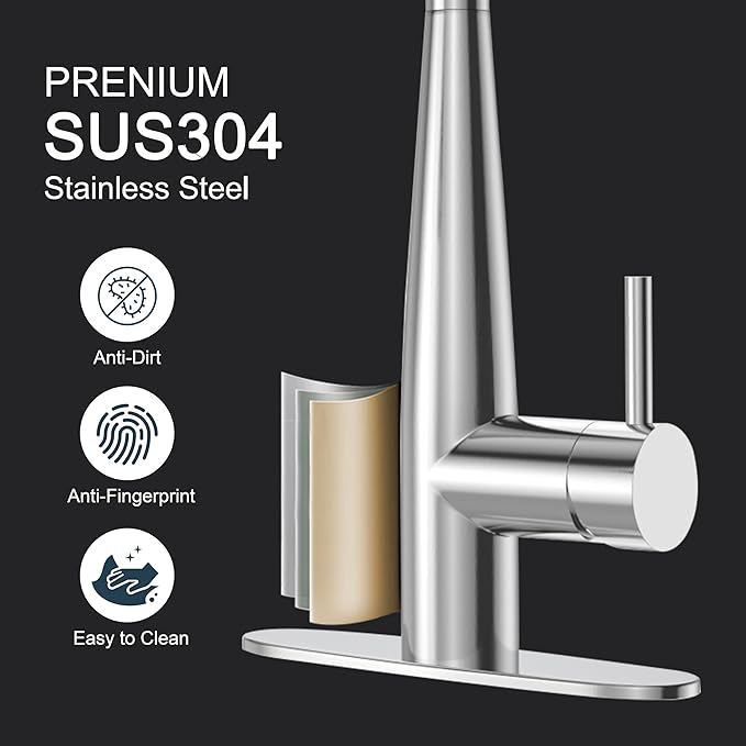 High Arc Pull Out Kitchen Faucet, Brushed Nickel Faucet, 1 or 3 Holes Kitchen Sink Bar Faucets with Pull Down Sprayer