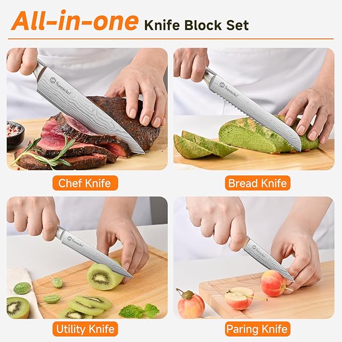 Sunnecko Knife Set with Block and Sharpener, 15 Piece Kitchen Knife Block Set Sharp Kitchen Knives High Carbon Stainless Steel with White Handles