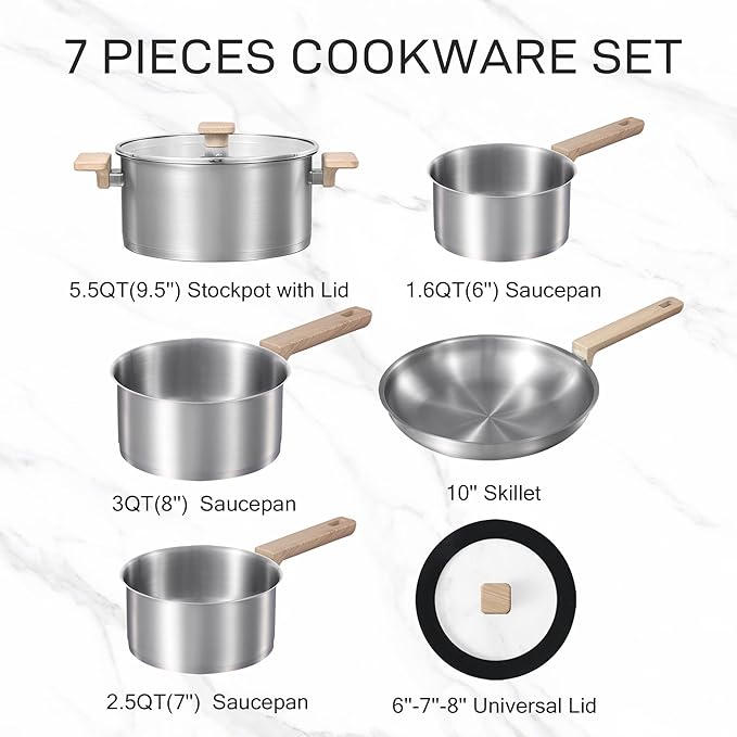 CAROTE 7 Pcs Stainless Steel Cookware Set, 3-ply Base Induction Available Stainless Steel Pots and Pans Set, Tempered Glass Lids, Induction Kitchen Cookware Sets, Stay-Cool Handles
