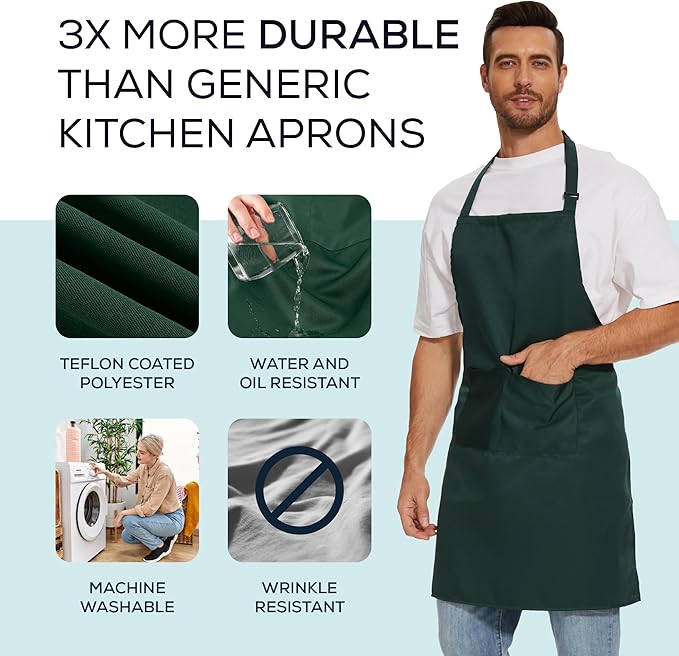 Will Well Kitchen Apron for Men and Women - 33" x 27" Oil-and-Water-Resistant with Adjustable Neck Strap and 38" Waist Ties for a Snug Fit, Lightweight with 2 Front Pockets - 2-Pack, Green