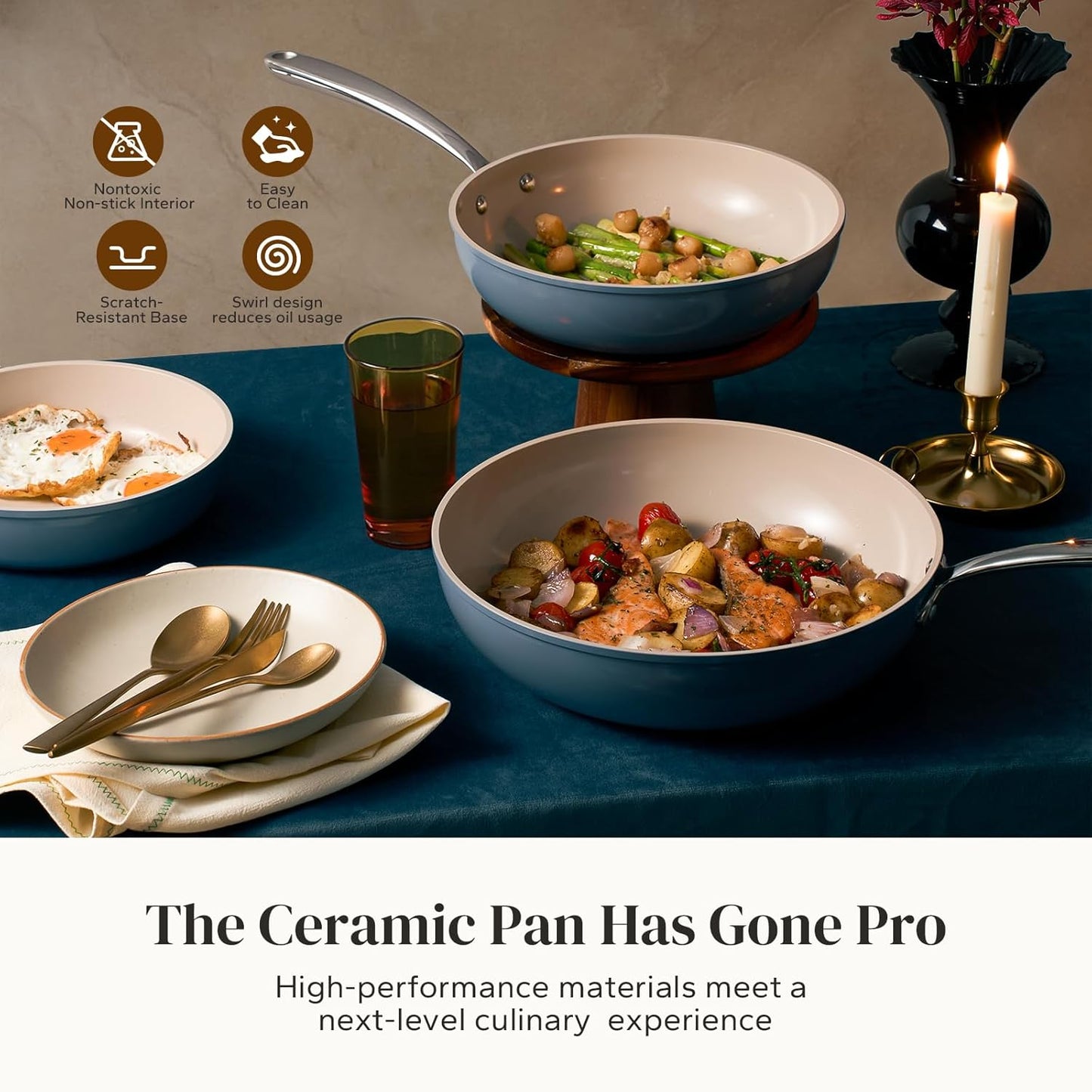 Redchef Ceramic Deep Saute Pan with Lid, Large Jumbo Cooker, 11 Inch Frying Pans Nonstick with Stay Cool Handle, Non Toxic Cooking Skillet, Kitchen, Induction Dishwasher Safe, PFOA & PFAS Free(Blue)