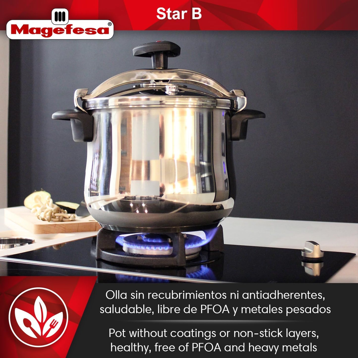MAGEFESA Star Belly Pressure Cooker 10.6 Qt – 18/10 Stainless Steel, Rounded Bottom, 3 Safety Systems, Works on All Stovetops Including Induction, 8 PSI