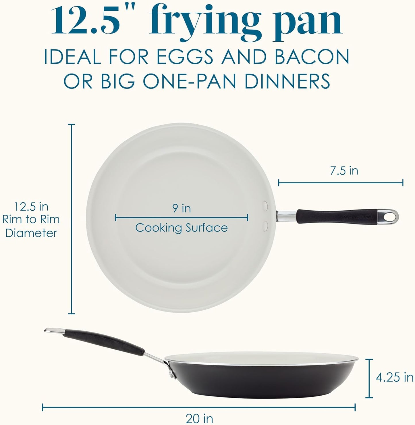 Rachael Ray Cucina Ceramic Nonstick Frying Pan/Skillet, 12.5 Inch Non Stick Open Fry Pan, Dishwasher Safe - Peppercorn