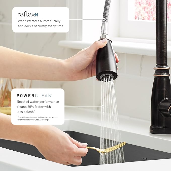 Moen Adler Mediterranean Bronze One-Handle High Arc Modern Kitchen Faucet with Power Clean and Pull Down Spray Head, 87233BRB