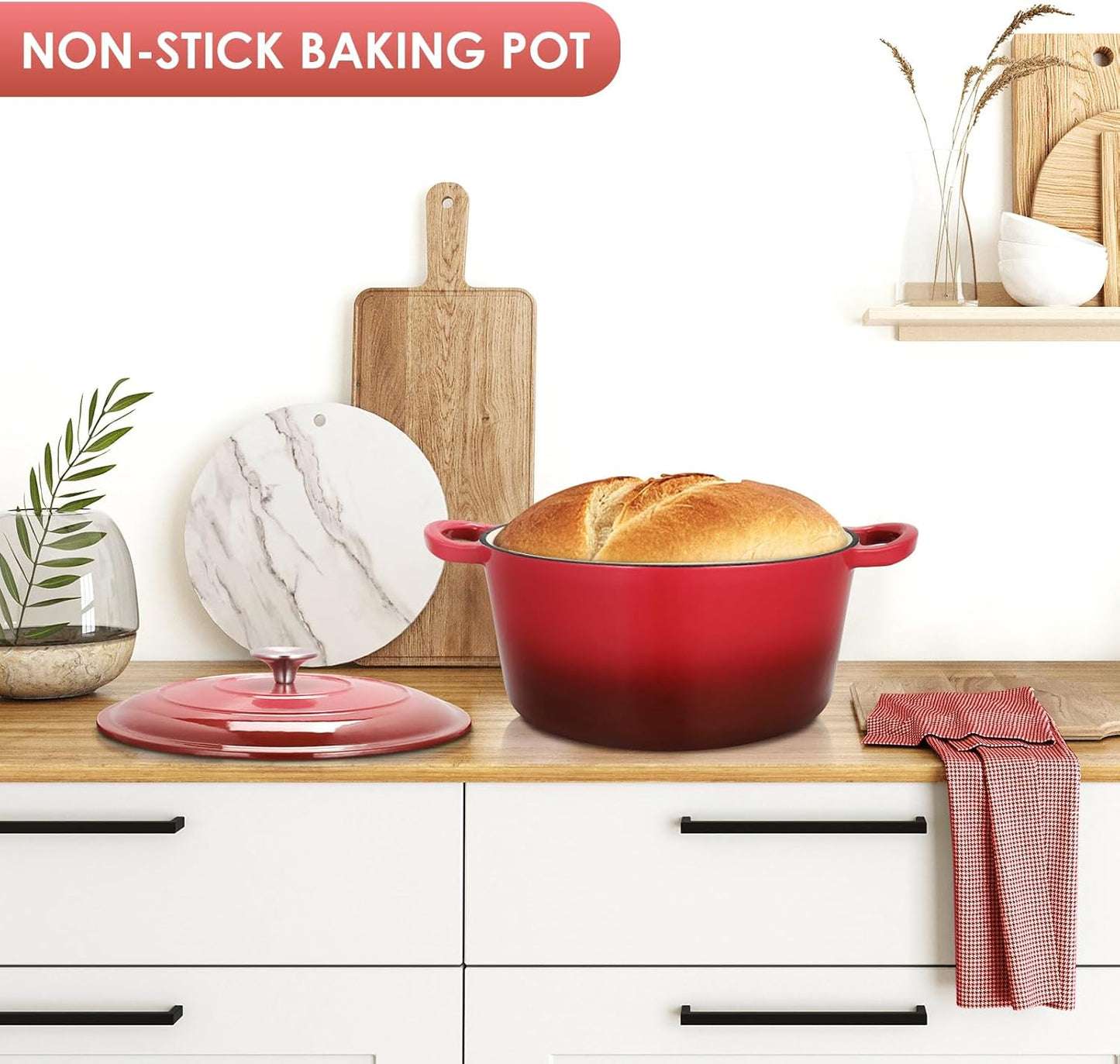 LIFERUN 6 Qt Enameled Cast Iron Dutch Oven Pot with Lid,Oven Safe up to 500° F, Non-Stick Dutch Oven with Dual Handles for Bread Baking, Fry Foods, Braising, Stews, Roasting (Red)