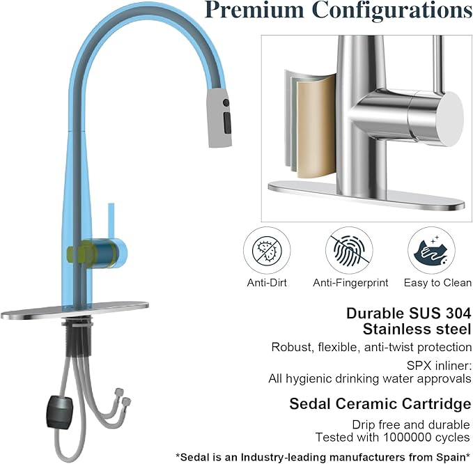 High Arc Pull Out Kitchen Faucet, Brushed Nickel Faucet, 1 or 3 Holes Kitchen Sink Bar Faucets with Pull Down Sprayer