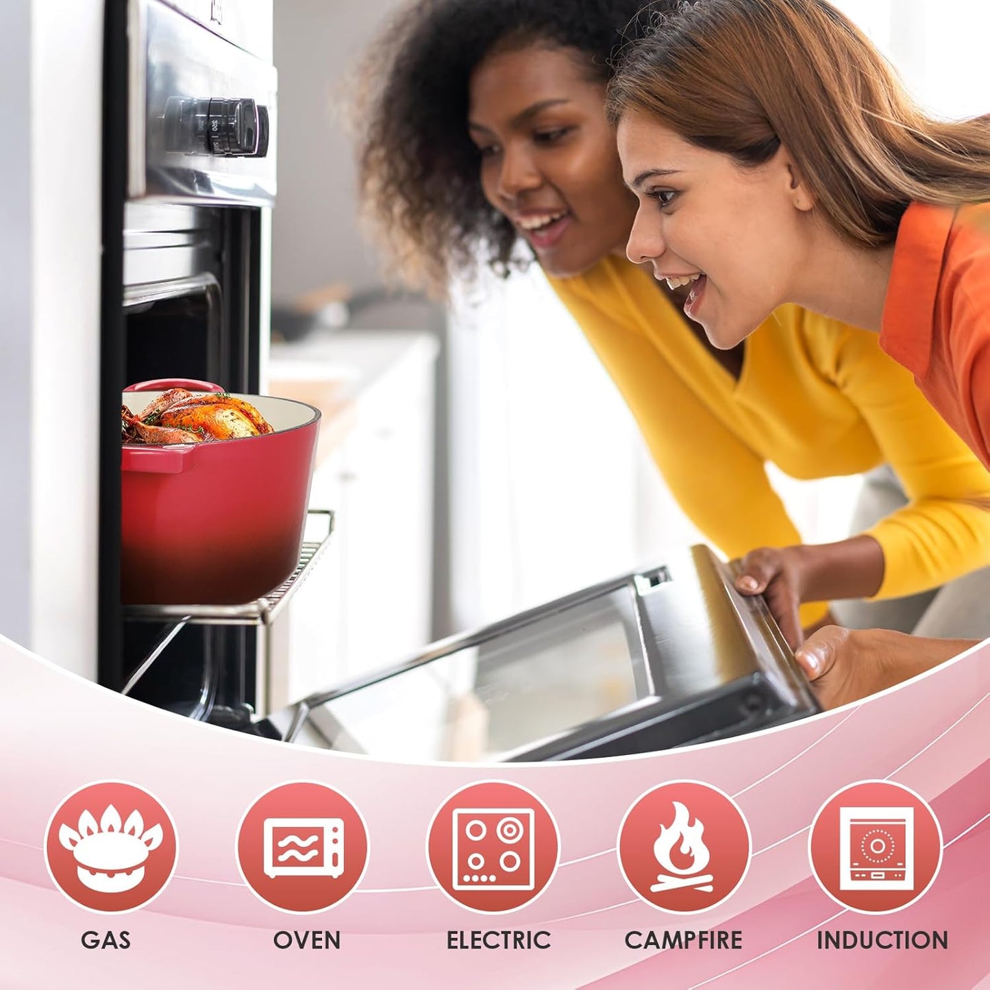 LIFERUN 6 Qt Enameled Cast Iron Dutch Oven Pot with Lid,Oven Safe up to 500° F, Non-Stick Dutch Oven with Dual Handles for Bread Baking, Fry Foods, Braising, Stews, Roasting (Red)