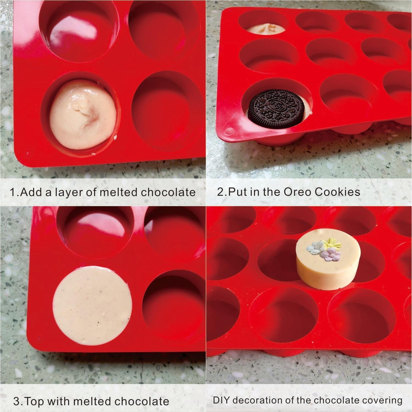 3Pcs Oreo Cookie Chocolate Silicone Molds, 12-Cavity Round Chocolate Cookie pans for Candy, Silicone Baking Molds for Mini Cakes, Jelly and Muffin Baking (red)