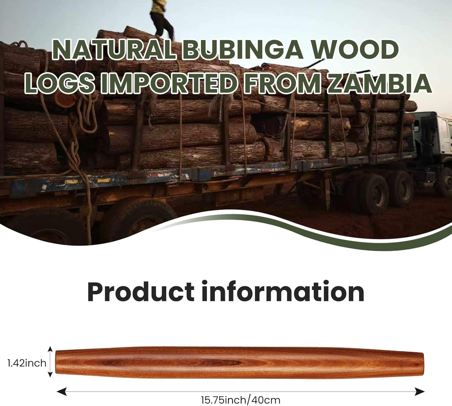 Natural Solid Bubinga Wood French Rolling Pin for Baking | Tapered Edges Type | High-Density Professional Dough Roller (French rolling pin - 15.75‘L)