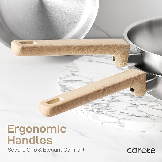 CAROTE 7 Pcs Stainless Steel Cookware Set, 3-ply Base Induction Available Stainless Steel Pots and Pans Set, Tempered Glass Lids, Induction Kitchen Cookware Sets, Stay-Cool Handles