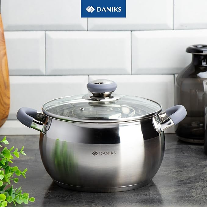 Daniks Modern Stainless Steel Stock Pot with Glass Lid – Induction 4 Quart, Dishwasher Safe, Heatproof Handles, For Soup, Pasta, Stew, Silver
