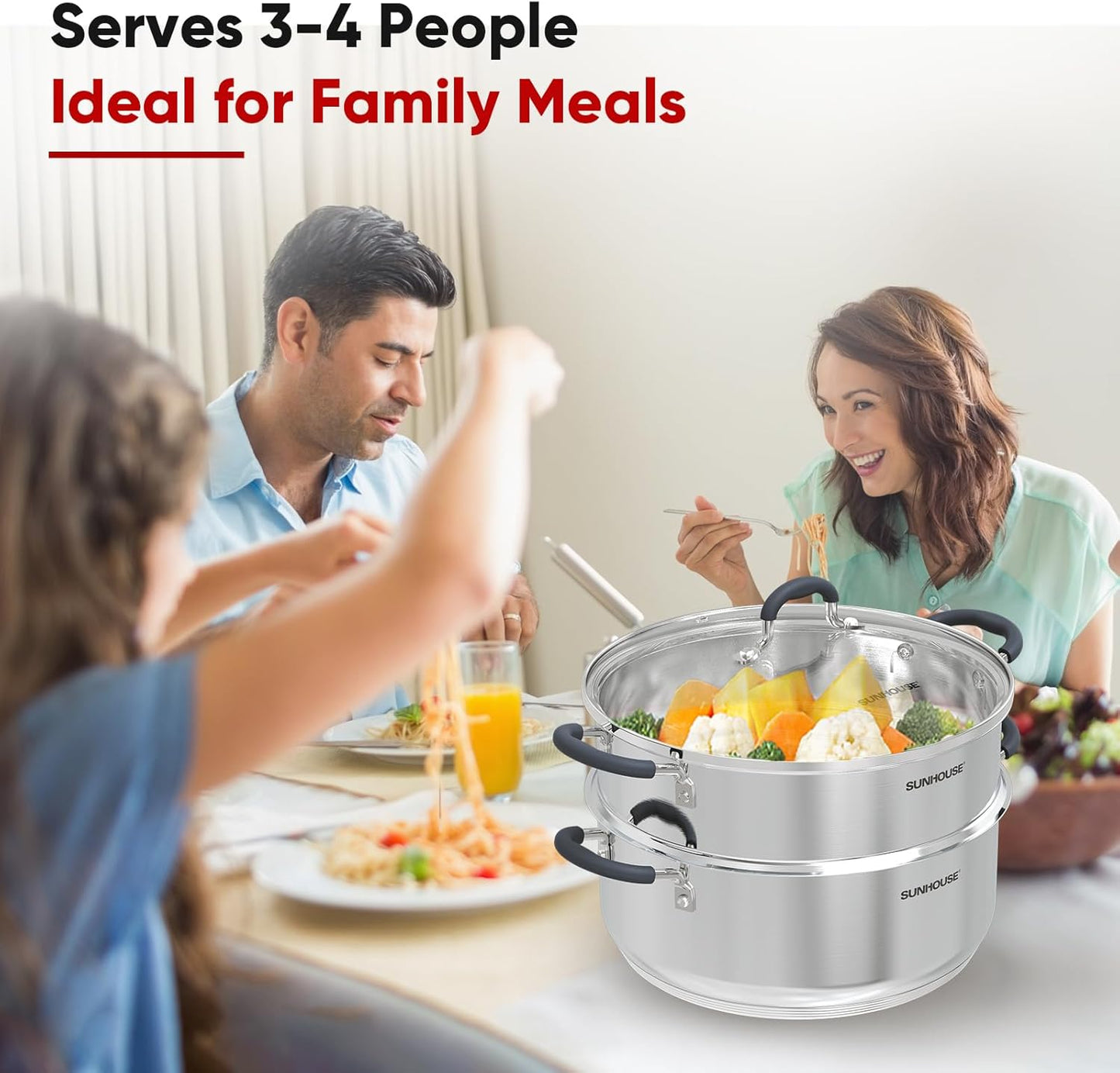 Sunhouse - 5.5 Quarts Steamer Pots With Lid 2-Tier Multipurpose Stainless Steel Steaming Pot Cookware For Vegetable, Dumpling, Sauce, Food - Triple Bottom, Measurement Line